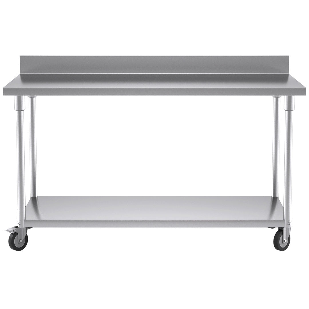 NNEAGS 150cm Catering Kitchen Stainless Steel Prep Work Bench Table with Backsplash and Caster Wheels