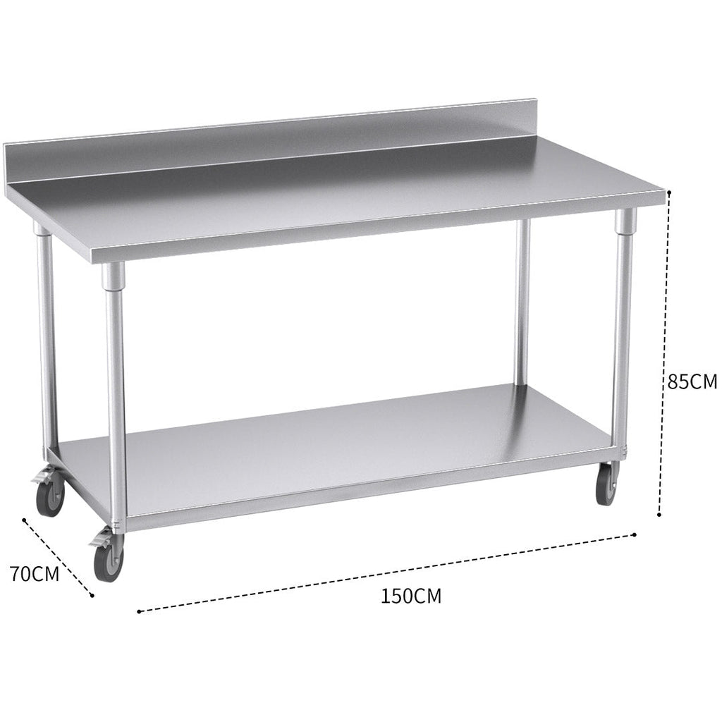 NNEAGS 150cm Catering Kitchen Stainless Steel Prep Work Bench Table with Backsplash and Caster Wheels