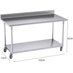 NNEAGS 150cm Catering Kitchen Stainless Steel Prep Work Bench Table with Backsplash and Caster Wheels