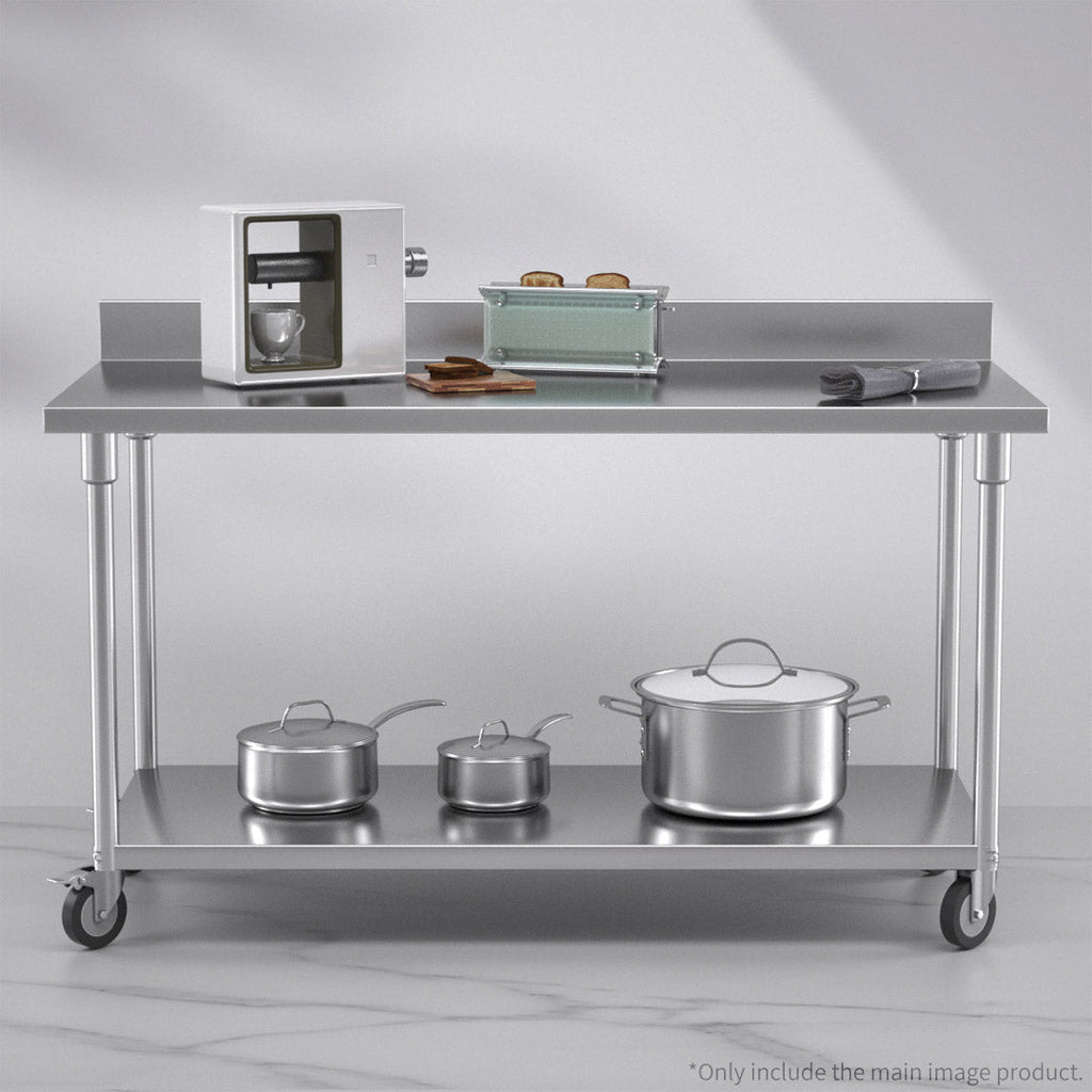 NNEAGS 150cm Catering Kitchen Stainless Steel Prep Work Bench Table with Backsplash and Caster Wheels