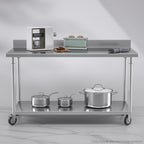 NNEAGS 150cm Catering Kitchen Stainless Steel Prep Work Bench Table with Backsplash and Caster Wheels