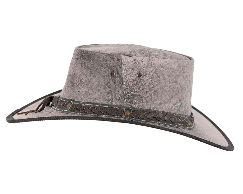 Grey Australian Kangaroo Leather Crushable Outback Jacaru Hat-6