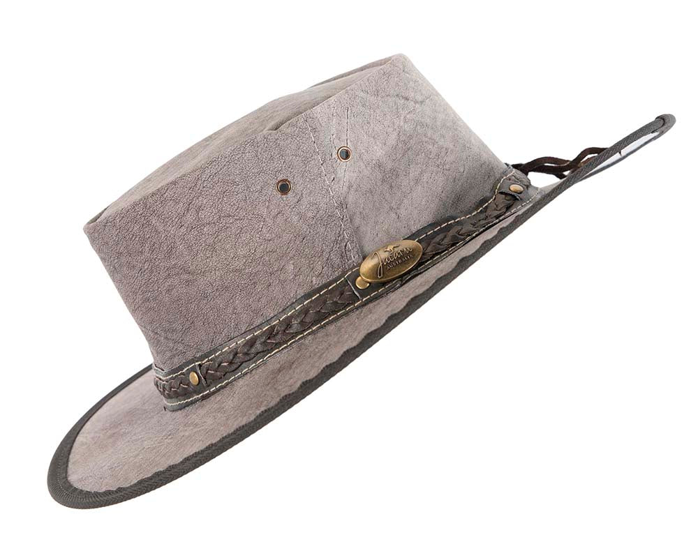 Grey Australian Kangaroo Leather Crushable Outback Jacaru Hat-3