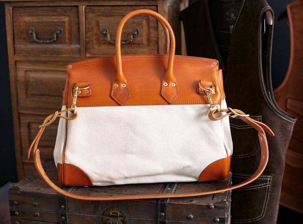 Unisex Genuine Vintage Oil Wax Leather Top Handle Canvas Bag Large-1