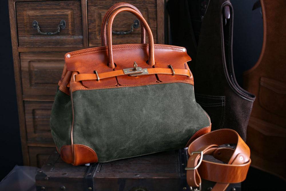 Unisex Genuine Vintage Oil Wax Leather Top Handle Canvas Bag Large-5