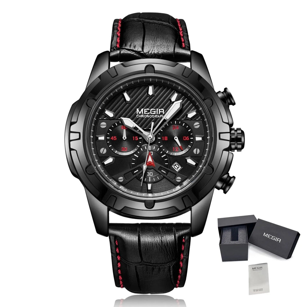 MEGIR Luxury Men Sport Watches Leather Military Quartz Wristwatch Waterproof Man Chronograph Clock 24 hour Montre Homme 2102