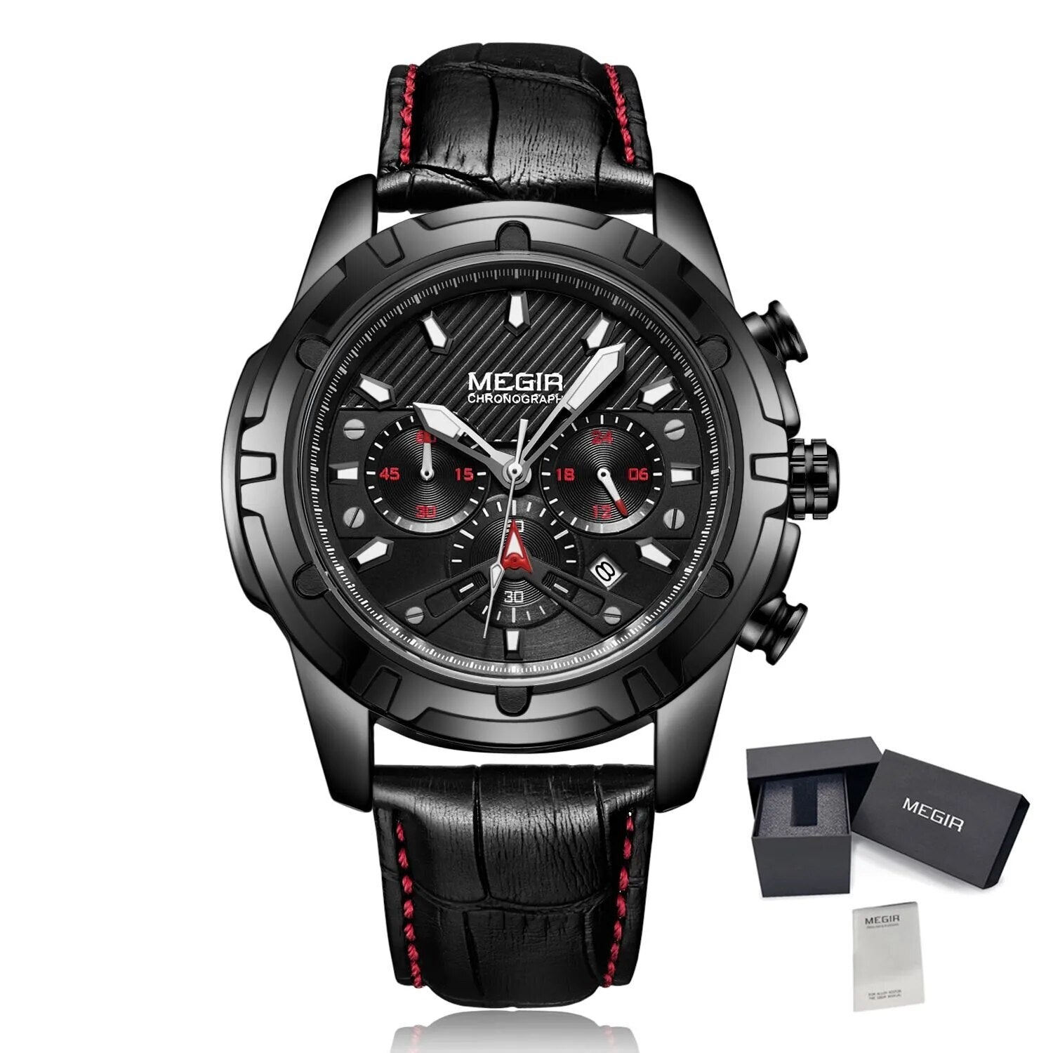 MEGIR Luxury Men Sport Watches Leather Military Quartz Wristwatch Waterproof Man Chronograph Clock 24 hour Montre Homme 2102