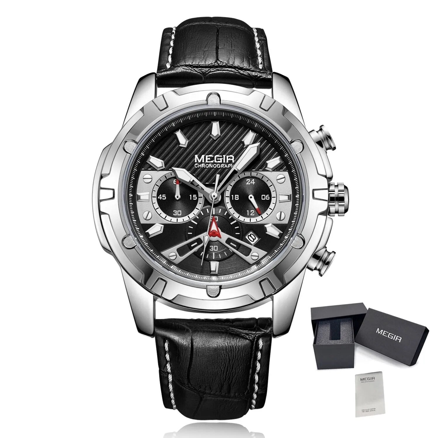 MEGIR Luxury Men Sport Watches Leather Military Quartz Wristwatch Waterproof Man Chronograph Clock 24 hour Montre Homme 2102