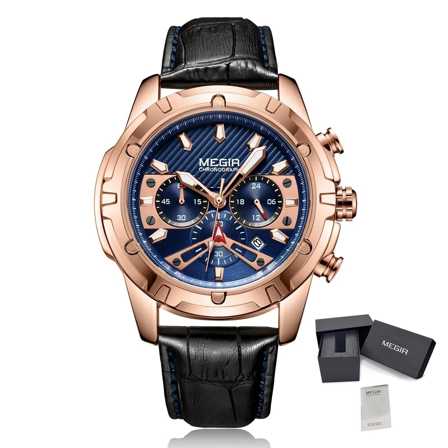 MEGIR Luxury Men Sport Watches Leather Military Quartz Wristwatch Waterproof Man Chronograph Clock 24 hour Montre Homme 2102