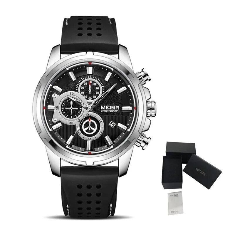 MEGIR Men Watch Silicone Strap Quartz Chronograph Wristwatch Fashion Men's Sport Watches Waterproof Calendar Reloj Hombre 2101