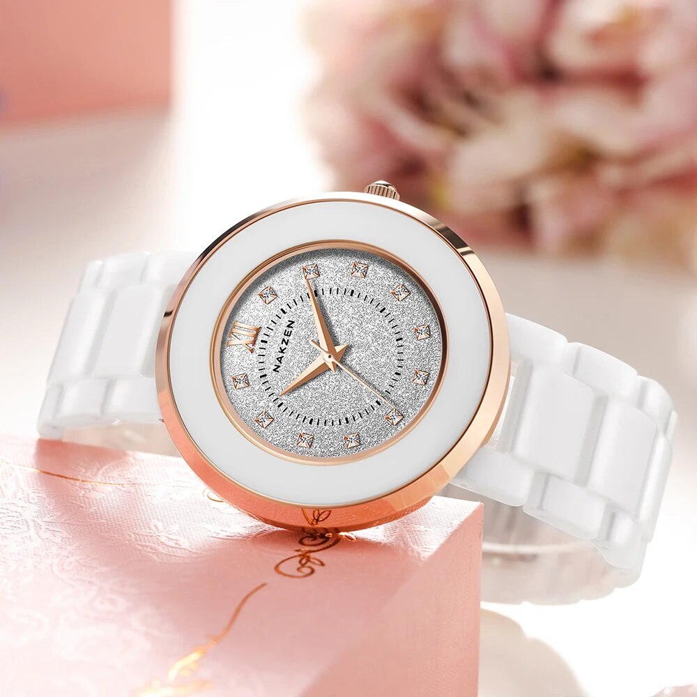 NAKZEN Women's Quartz Fashion Simple Ceramics Analogue Watch Ceramic Band 30M Waterproof Diamond Dress Watches relogio feminino