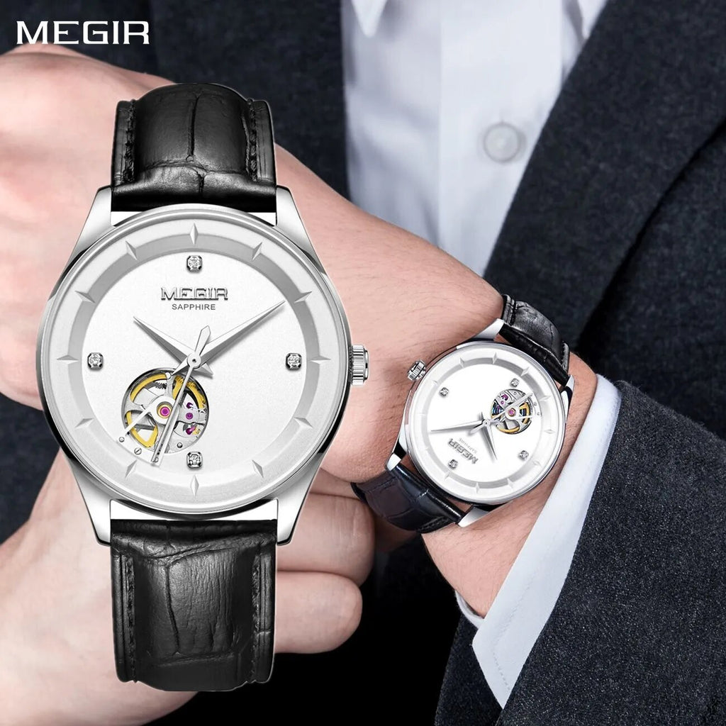 MEGIR Fashion Leather Strap Wristwatch for Men Large Dial Sapphire Automatic Mechanical Watch Clock Relogio Masculino