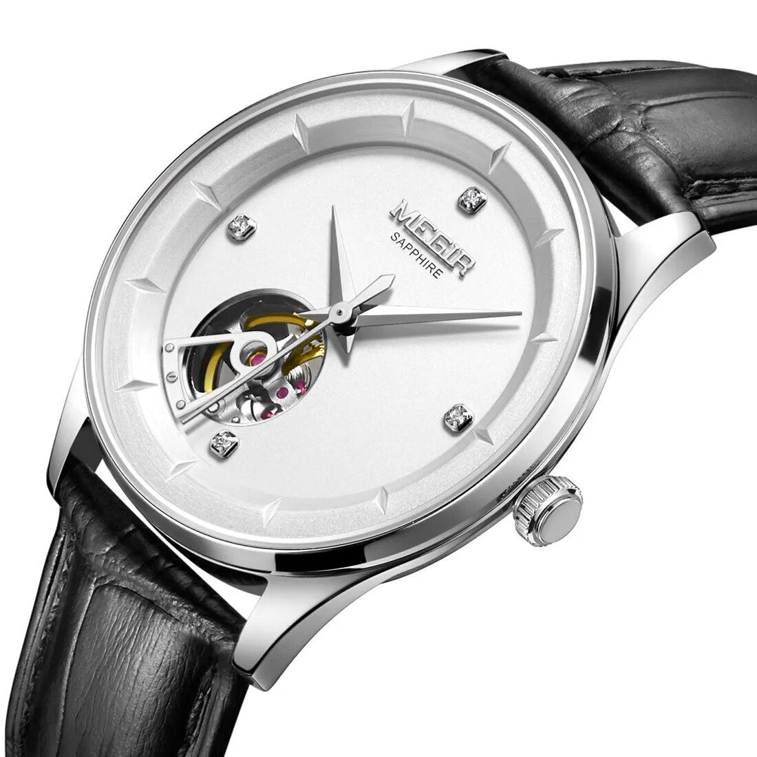 MEGIR Fashion Leather Strap Wristwatch for Men Large Dial Sapphire Automatic Mechanical Watch Clock Relogio Masculino