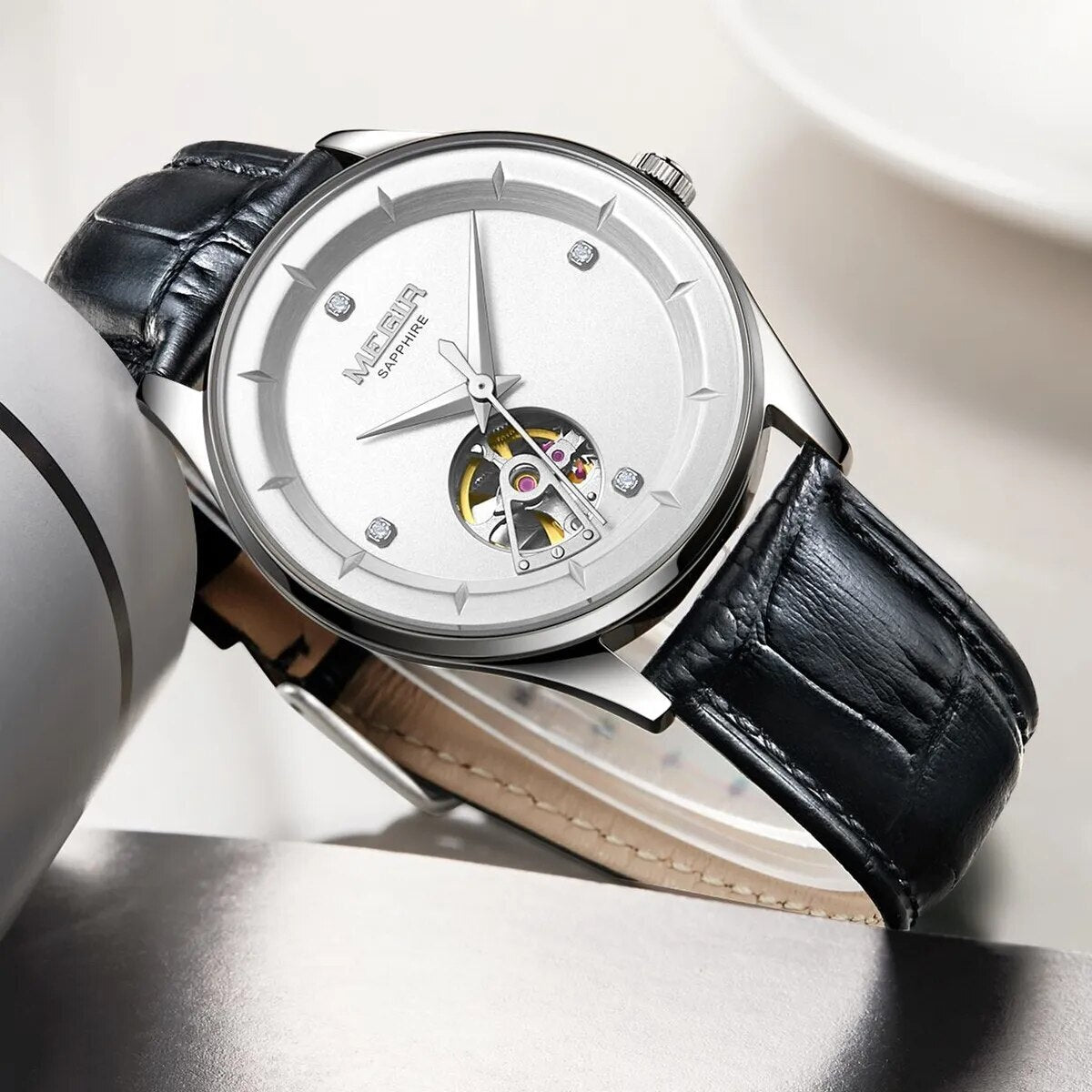 MEGIR Fashion Leather Strap Wristwatch for Men Large Dial Sapphire Automatic Mechanical Watch Clock Relogio Masculino