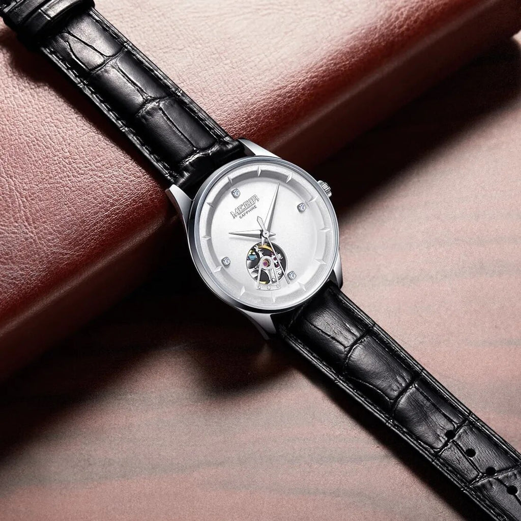 MEGIR Fashion Leather Strap Wristwatch for Men Large Dial Sapphire Automatic Mechanical Watch Clock Relogio Masculino