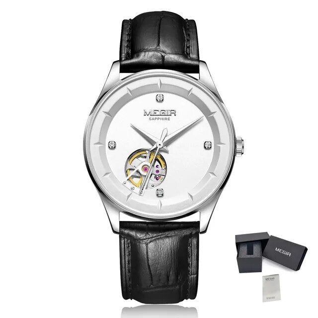 MEGIR Fashion Leather Strap Wristwatch for Men Large Dial Sapphire Automatic Mechanical Watch Clock Relogio Masculino