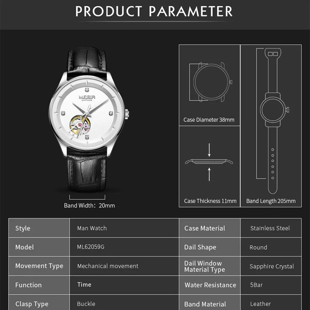 MEGIR Fashion Leather Strap Wristwatch for Men Large Dial Sapphire Automatic Mechanical Watch Clock Relogio Masculino