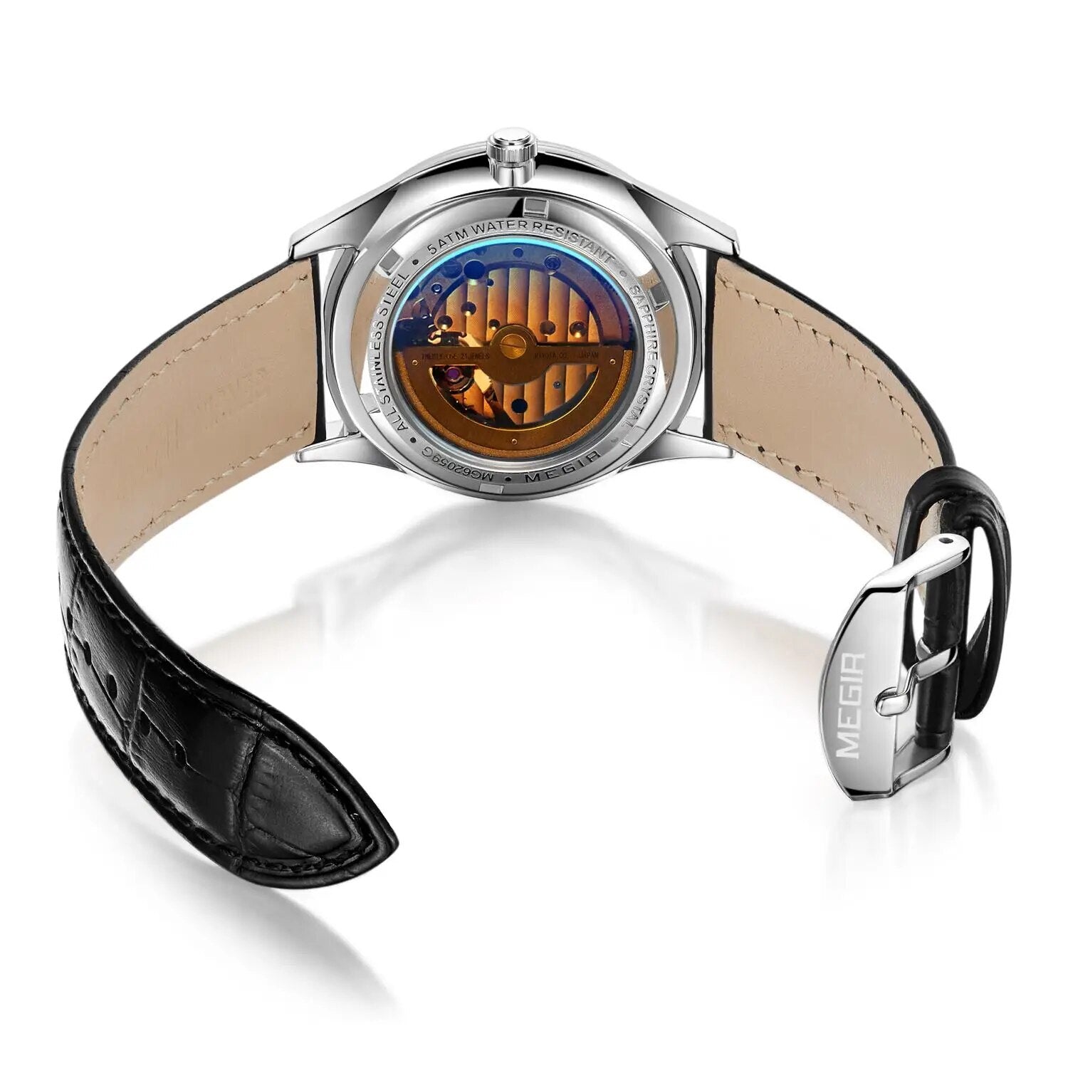 MEGIR Fashion Leather Strap Wristwatch for Men Large Dial Sapphire Automatic Mechanical Watch Clock Relogio Masculino