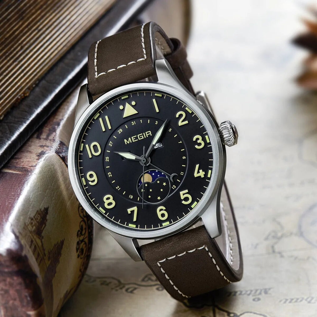 MEGIR Fashion Sport Quartz Watches Men Luxury Leather Business Casual Wristwatches Waterproof Date Clcok Moon Phase Reloj Hombre