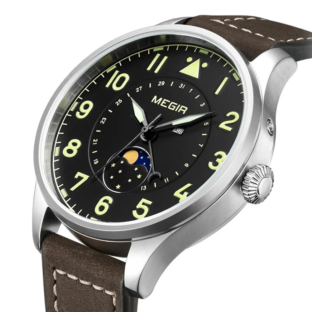 MEGIR Fashion Sport Quartz Watches Men Luxury Leather Business Casual Wristwatches Waterproof Date Clcok Moon Phase Reloj Hombre