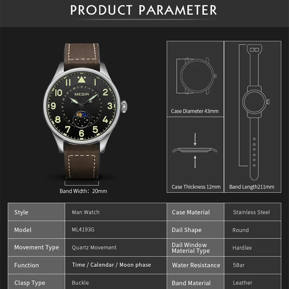 MEGIR Fashion Sport Quartz Watches Men Luxury Leather Business Casual Wristwatches Waterproof Date Clcok Moon Phase Reloj Hombre