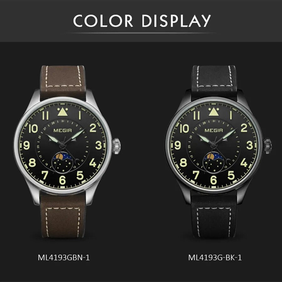 MEGIR Fashion Sport Quartz Watches Men Luxury Leather Business Casual Wristwatches Waterproof Date Clcok Moon Phase Reloj Hombre