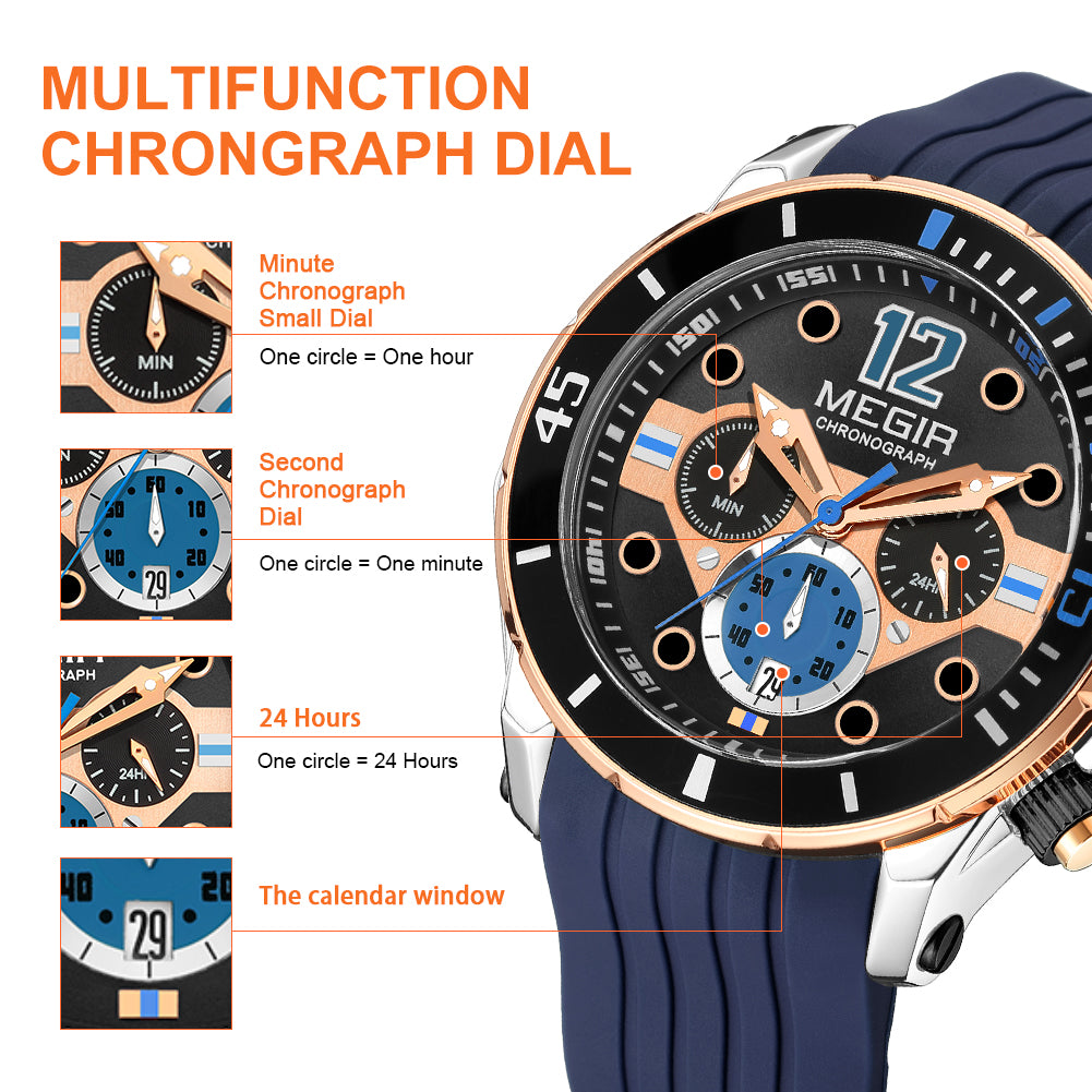 MEGIR Men's Sport Watches Chronograph Silicone Strap Waterproof Calendar Quartz Military Wristwatch Male Clock Relogio Masculino 2206