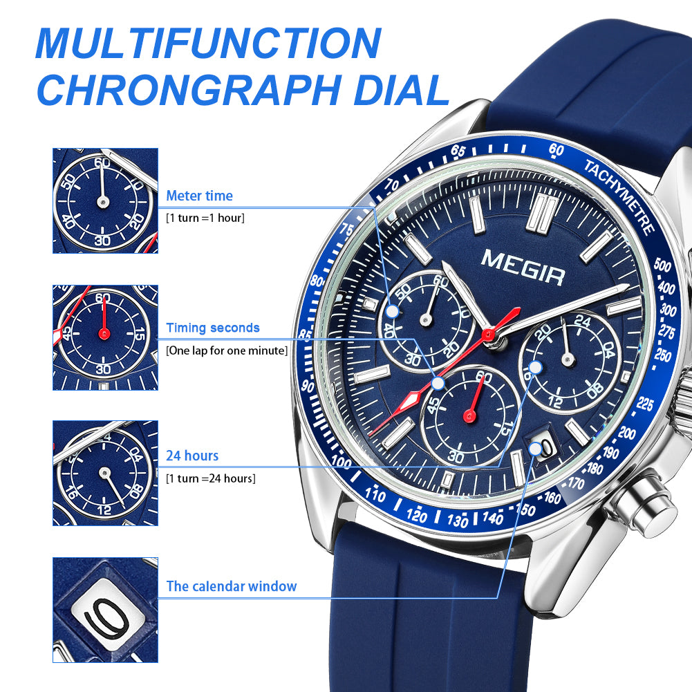 MEGIR Analog Quartz Wrist Watch Chronograph Luminous Business Sport Watches with Silicone Strap Calendar Man Clock Reloj Hombre 8105