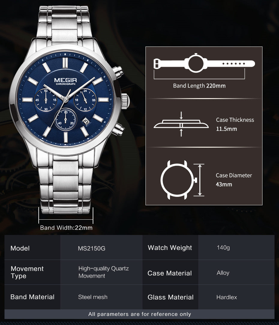 MEGIR Stainless Steel Waterproof Wrist Watches for Men Luminous Chronograph Business Quartz Men's Casual Clock Reloj Hombre
