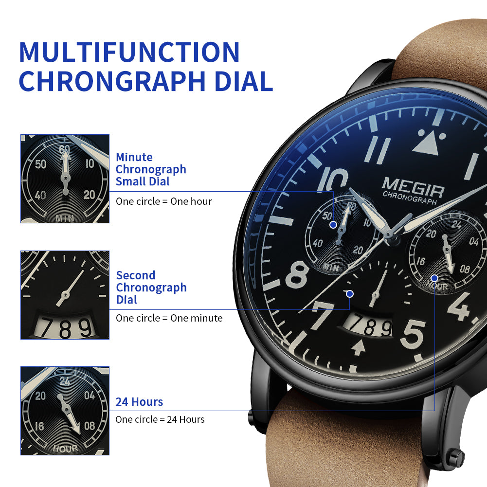 MEGIR Fashion Mens Watches Leather Military Sport Watch Chronograph Luminous Waterproof Quartz Wristwatch Man Clock Reloj Hombre