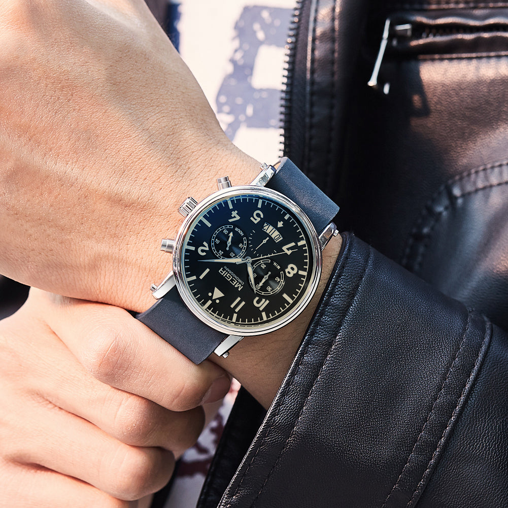 MEGIR Fashion Mens Watches Leather Military Sport Watch Chronograph Luminous Waterproof Quartz Wristwatch Man Clock Reloj Hombre
