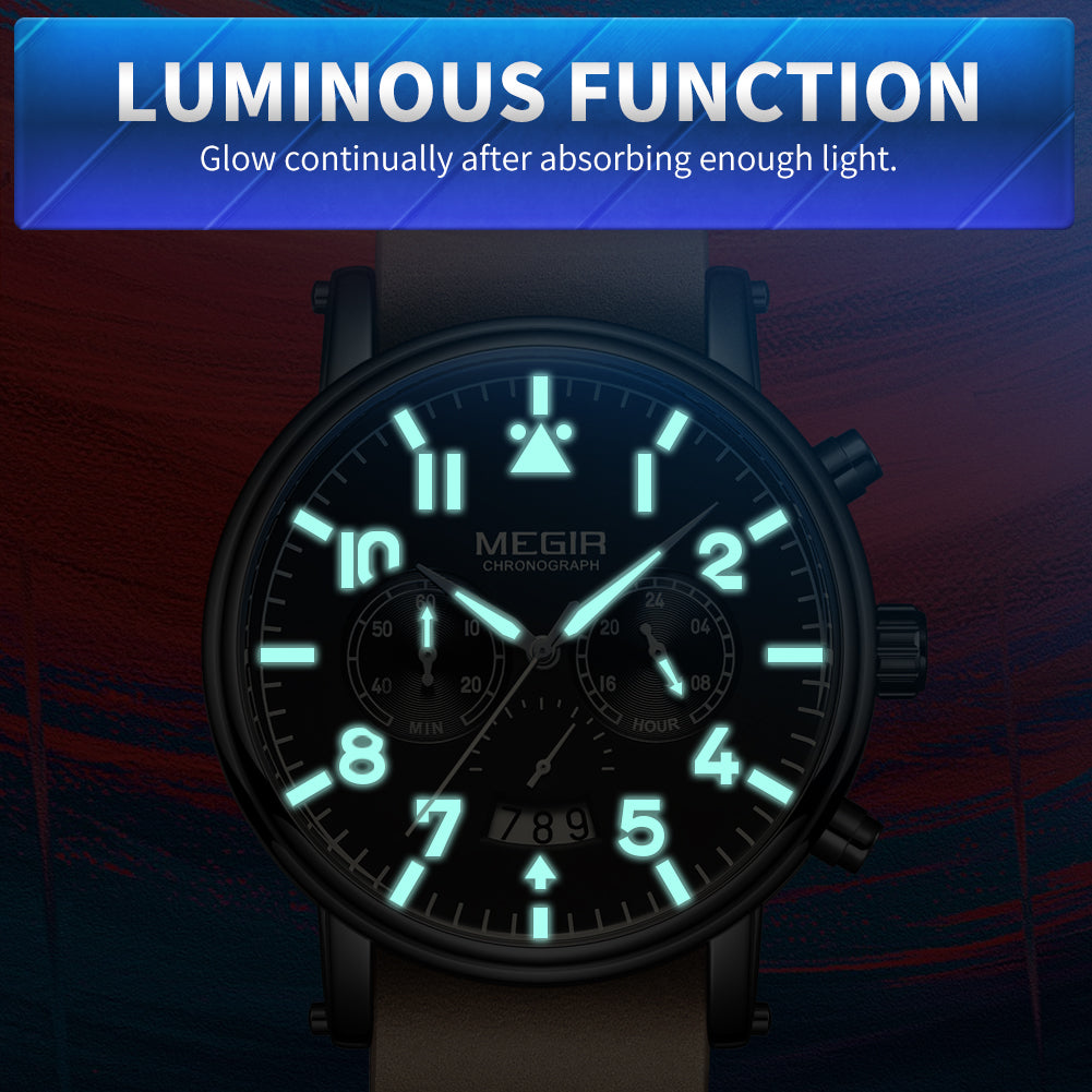 MEGIR Fashion Mens Watches Leather Military Sport Watch Chronograph Luminous Waterproof Quartz Wristwatch Man Clock Reloj Hombre