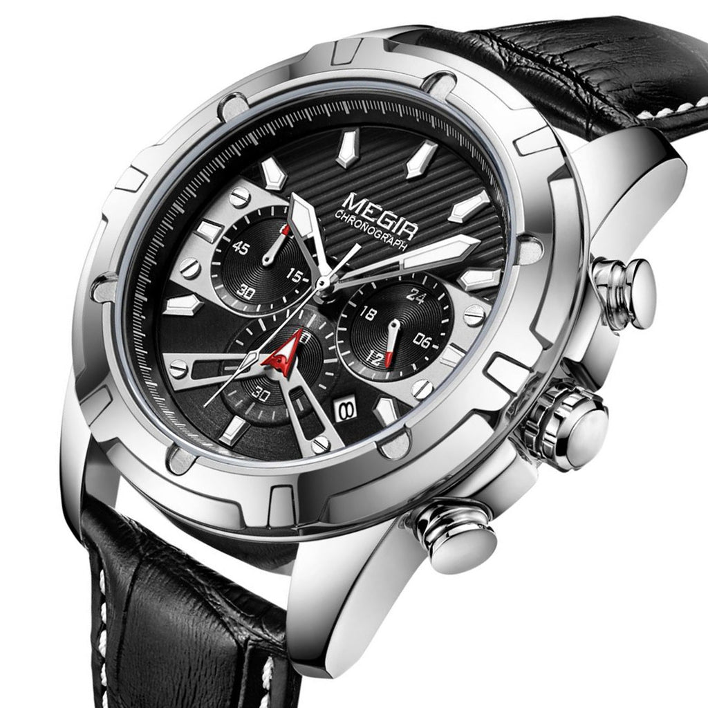 MEGIR Luxury Men Sport Watches Leather Military Quartz Wristwatch Waterproof Man Chronograph Clock 24 hour Montre Homme 2102