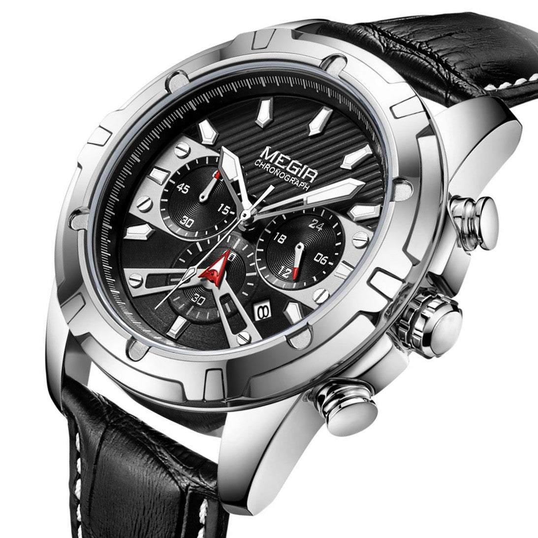 MEGIR Luxury Men Sport Watches Leather Military Quartz Wristwatch Waterproof Man Chronograph Clock 24 hour Montre Homme 2102