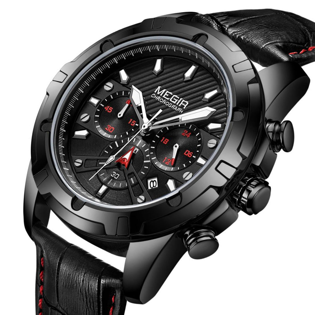 MEGIR Luxury Men Sport Watches Leather Military Quartz Wristwatch Waterproof Man Chronograph Clock 24 hour Montre Homme 2102
