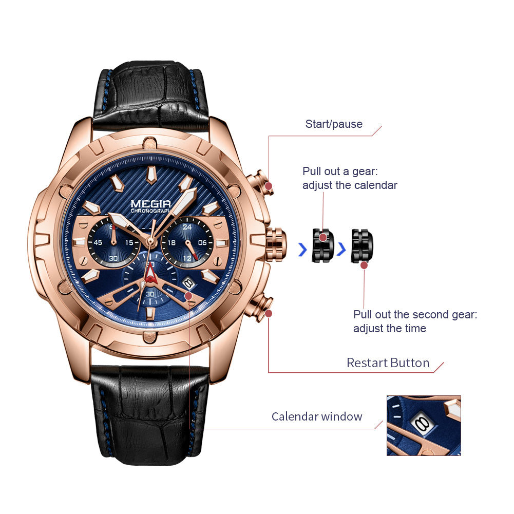 MEGIR Luxury Men Sport Watches Leather Military Quartz Wristwatch Waterproof Man Chronograph Clock 24 hour Montre Homme 2102