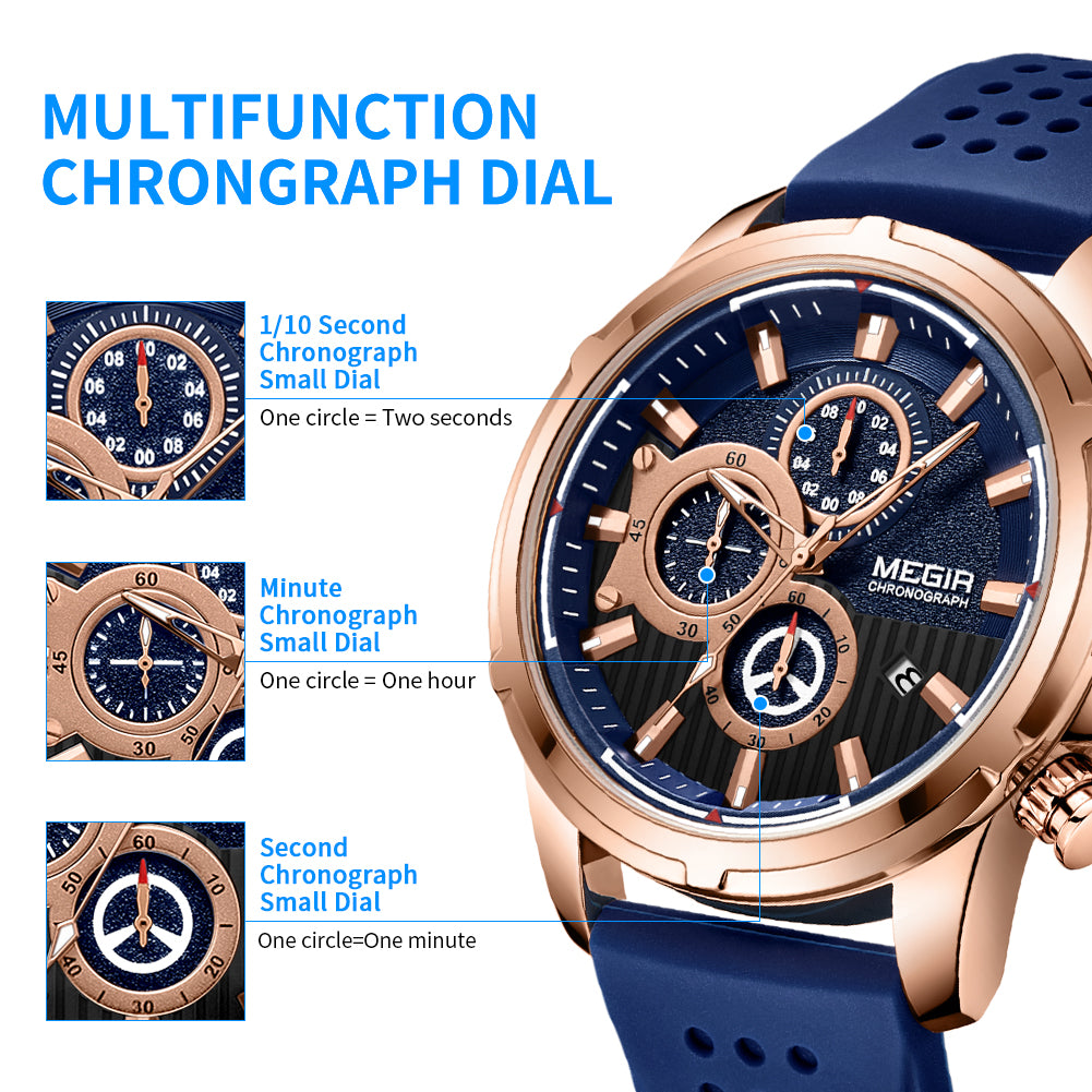 MEGIR Men Watch Silicone Strap Quartz Chronograph Wristwatch Fashion Men's Sport Watches Waterproof Calendar Reloj Hombre 2101