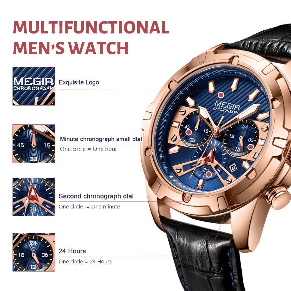 MEGIR Luxury Men Sport Watches Leather Military Quartz Wristwatch Waterproof Man Chronograph Clock 24 hour Montre Homme 2102