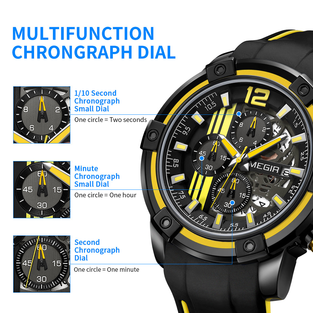 MEGIR Chronograph Mens Sport Watches with Silicone Band Big Dial Military Quartz Watch Men Clock Relogio Masculino Reloj Hombre