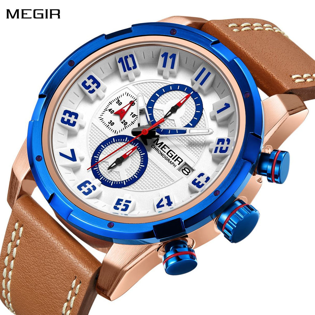 MEGIR Sport Watch for Men Leather Strap Quartz Military Wristwatch with Chronograph Waterproof Calendar Clock Reloj Hombre 2082