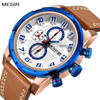 MEGIR Sport Watch for Men Leather Strap Quartz Military Wristwatch with Chronograph Waterproof Calendar Clock Reloj Hombre 2082