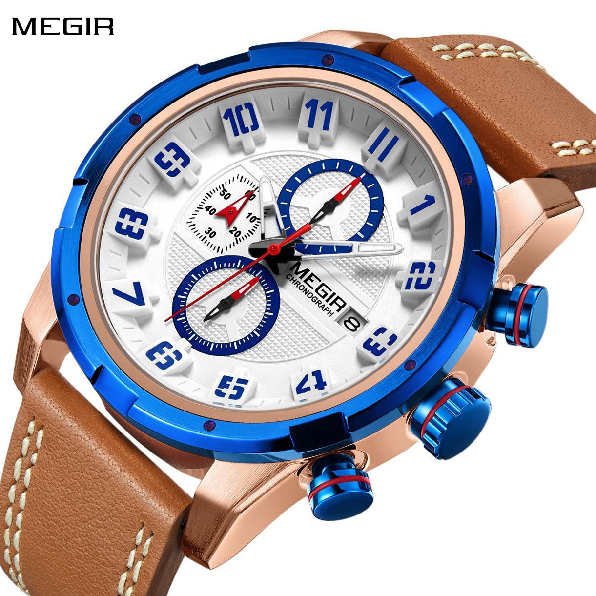 MEGIR Sport Watch for Men Leather Strap Quartz Military Wristwatch with Chronograph Waterproof Calendar Clock Reloj Hombre 2082
