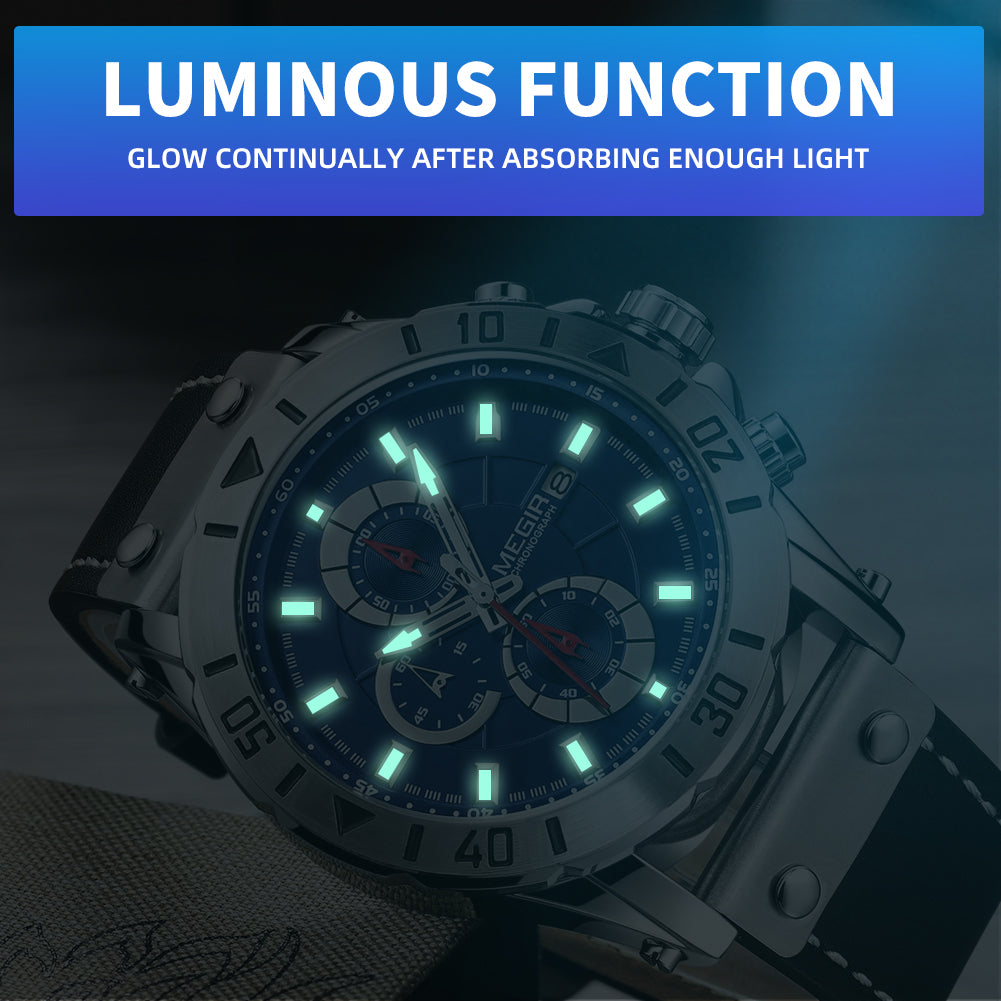 MEGIR Watch Men's Military Sport Wrist Watches Waterproof Leather Quartz Chronograph Calendar Luminous Clock Watch for Man 2081