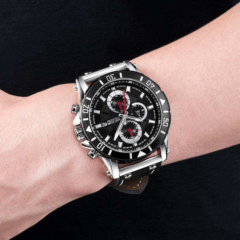 MEGIR Watch Men's Military Sport Wrist Watches Waterproof Leather Quartz Chronograph Calendar Luminous Clock Watch for Man 2081