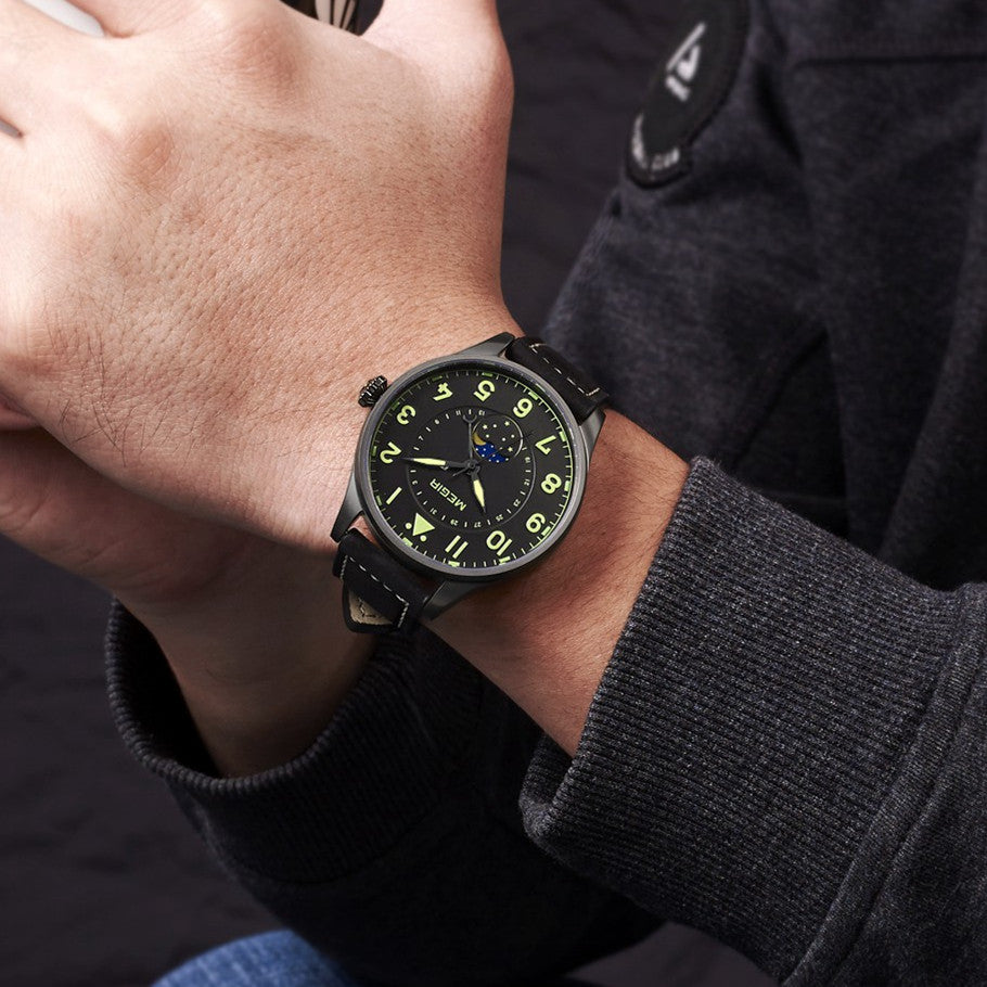MEGIR Fashion Sport Quartz Watches Men Luxury Leather Business Casual Wristwatches Waterproof Date Clcok Moon Phase Reloj Hombre