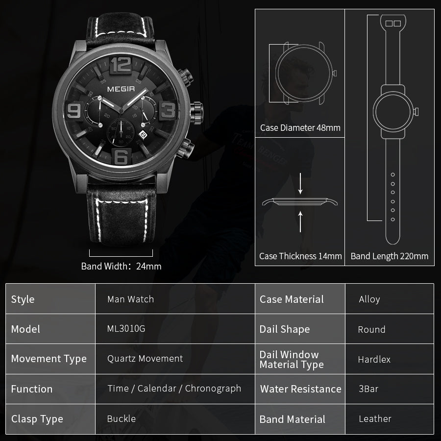 MEGIR Luxury Watches for Men Quartz Chronograph Waterproof Calendar Luminous Sport Military Wristwatch Clock Reloj Hombre 3010