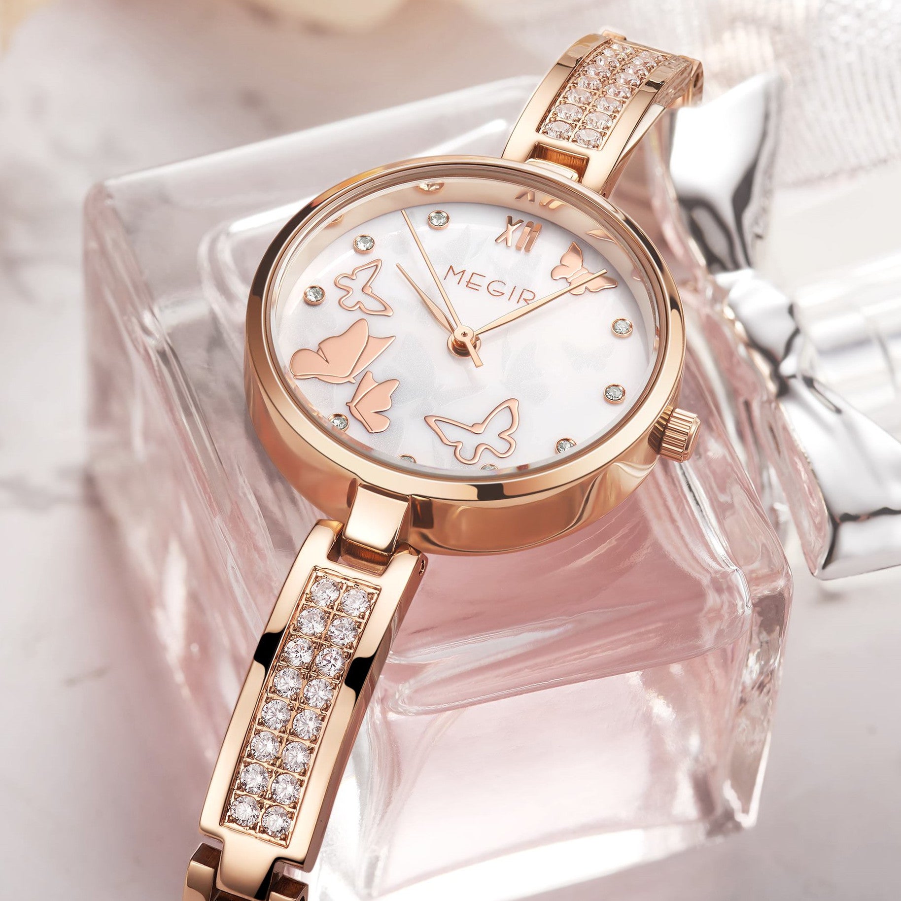 MEGIR Watch for Women Luxury Diamond Ladies Quartz Wristwatches Steel Women Bracelet Watches Female Dress Clock Relogio Feminino