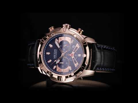 MEGIR Luxury Men Sport Watches Leather Military Quartz Wristwatch Waterproof Man Chronograph Clock 24 hour Montre Homme 2102