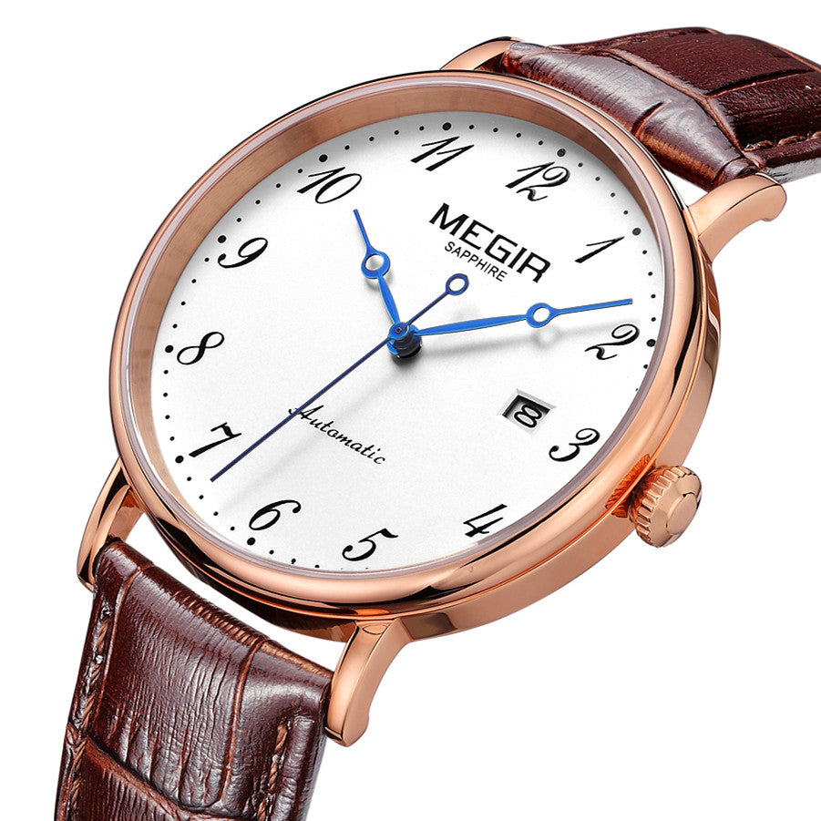 MEGIR Luxury Automatic Mechanical Watch for Men Large Dial Sapphire Leather Strap Male Wristwatch Sports Waterproof Date Clock 62012