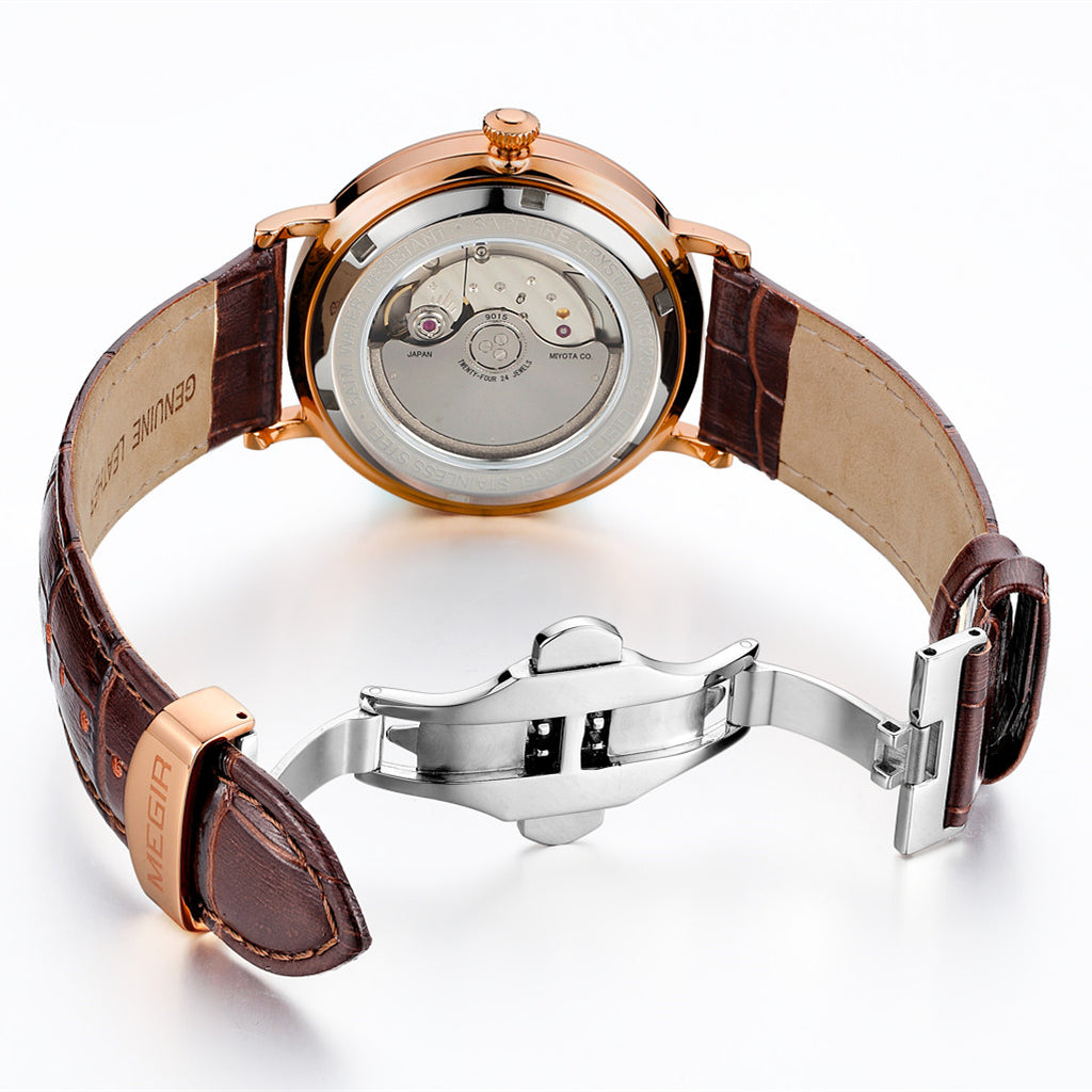 MEGIR Luxury Automatic Mechanical Watch for Men Large Dial Sapphire Leather Strap Male Wristwatch Sports Waterproof Date Clock 62012